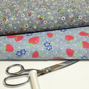 Strawberry or Floral Chambray Fabric. Lightweight 100% Cotton Fabric. For Apparel and Home, Soourced from Europe, Sold by the 1/2 yard.
