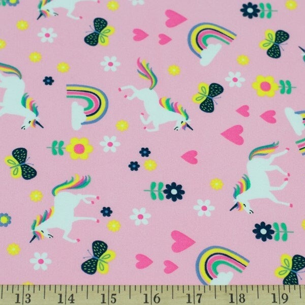 Double Brushed Poly Fabric, DBP, Pink Unicorn Rainbow Fabric, Soft, Fun, and Pink Fabric,  4-Way Stretch Fabric, Sold by the 1/2 yard