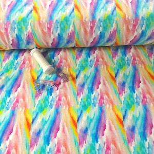 Rainbow Zig Zag Cotton Spandex Fabric– Whimsical Tie Dye Print on White Jersey, European Sourced, 4-Way Stretch, Sold by the 1/2 yard.