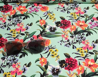 Swim Fabric: Summer Flower Garden Print Nylon Spandex Swimsuit Fabric,Pretty Floral Print, Nice Quality 4-Way Stretch, Sold by the Half Yard