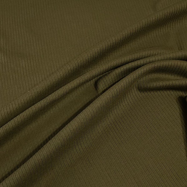 Ribbed Knit Fabric: Army Green Rib Knit Fabric Cotton Blend 4x2 Rib Knit Fabric. Soft and Fun, 4-Way Stretch, Sold by the 1/2 yard