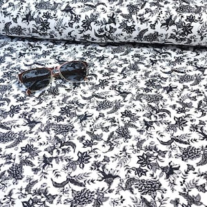 SWIM Fabric: Black White Classic Botanical Print, Nylon Spandex, Swimwear Fabric. For Swimsuit and Activewear Sewing. Sold by the 1/2 yard