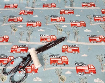 Firetruck Cotton Spandex Jersey Knit Fabric, Kids Apparel Print, European Sourced (Sold by 1/2 Yard)