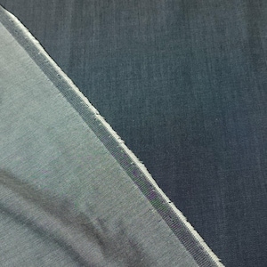 Puede incluir: Primer plano de dos secciones de tela vaquera. Una secci&oacute;n est&aacute; doblada, revelando un tono azul m&aacute;s claro en la parte inferior. Los bordes est&aacute;n deshilachados y la tela tiene un aspecto texturizado. El color general es un &iacute;ndigo profundo.