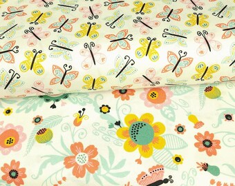 May include: Two fabric patterns are shown. The top fabric has a repeating pattern of butterflies in yellow, pink, and blue on a cream background. The bottom fabric has a floral pattern with orange, yellow, and pink flowers with green leaves.