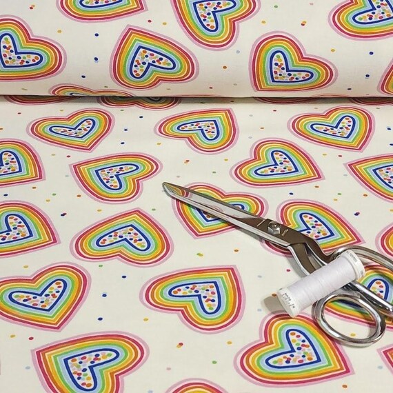 Rainbow Hearts Jersey Knit Fabric. Cotton Spandex 4 Way Stretch Knit Material - European Sourced - Sold By The 1/2 Yard
