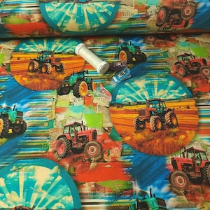 Farm Tractor Adventure Cotton Spandex – Colorful Farm Jersey Knit for Kids, Oeko-Tex Euro Fabric,  4-Way Stretch, Sold by the 1/2 yard.
