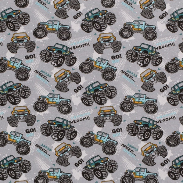 Cotton Knit French Terry Monster Truck Fabric for Children's Apparel, European Quality, 4 Way Stretch - Sold by the 1/2 yard