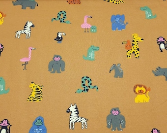 Cotton Jersey Knit Fabric – Whimsical Zoo Animal Print, Soft 4-Way Stretch Knit, Sourced from Europe, Sold by the 1/2 Yard