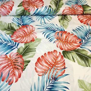 Rayon Challis Fabric, Tropical Leaves Design in Green, Blue, and Red . Light and Flowy Fabric. 100% Rayon Woven Fabric. Sold by the 1/2 yard