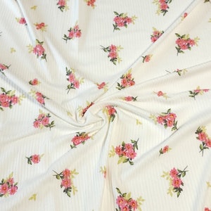 Rib Knit Fabric Petite Pink Floral Ribbed Knit Fabric On Ivory, Soft and Flowy Fabric - 4x2 Rib Knit, 4-Way Stretch - 1/2 Yard