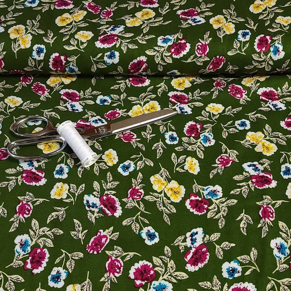 Rayon Challis Fabric, Green Challis With a Sweet Yellow Floral Print. Light and Flowy Fabric. 100% Rayon Woven Fabric. Sold by the 1/2 yard
