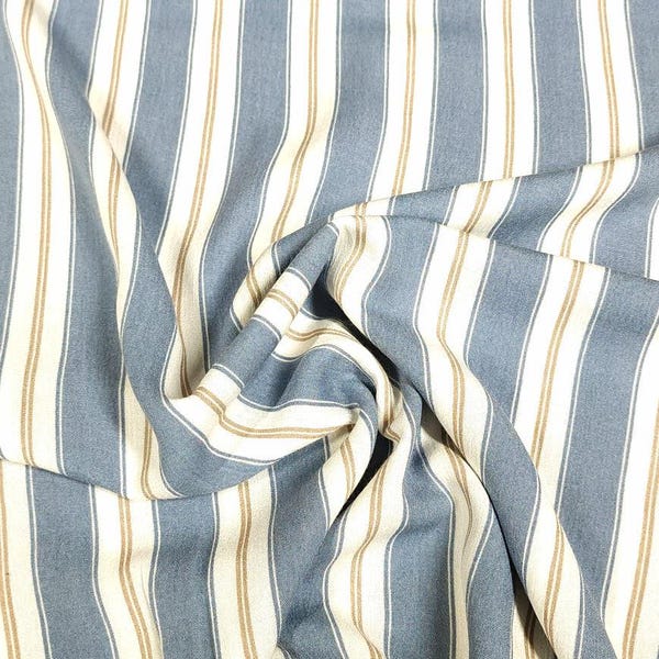 Blue Tan Stripe Rayon Crepe Fabric, Lightweight Woven Apparel Fabric, Soft and Flowing Dressmaking Material, Sold by the 1/2 Yard
