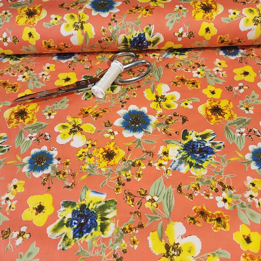 Coral Orange Stretch Woven Fabric with Yellow Blue Floral Print, Cotton Spandex Woven, For Apparel or Home Decor, Sold by the 1/2 Yard