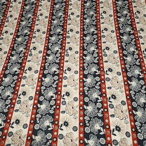 Rayon Spandex Fabric, Striped Floral Print, Navy, Sand, and Terra Cotta colors, Soft and Pretty Drape, 4-Way Stretch, Sold by the 1/2 yard