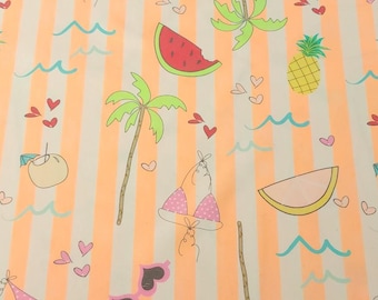 Tropical Summer Swim Fabric – Fruit & Palm Trees on Peach Stripes, Nylon Spandex Swimsuit Fabric, 4-Way Stretch, Sold by the 1/2 Yard