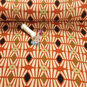 Rayon Challis Fabric, Retro Geometric Print in Terracotta, Ivory, Olive & Black – Lightweight Drapey Apparel Fabric, Sold by the 1/2 Yard.