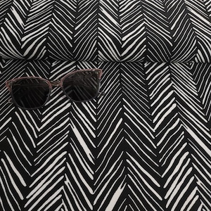 SWIM Fabric: Black and White Geometric Chevron Swimsuit Print, Black Zig Zag Stripes, 4-Way Stretch for Swimwear, Sold by the 1/2 yard.