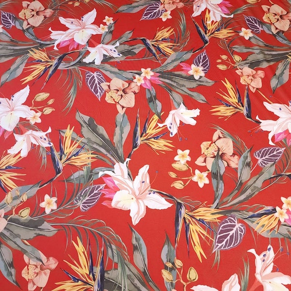 SWIM Fabric: Red Tropical Hibiscus Fabric, Nylon Spandex Fabric, Swimwear Fabric. For Swimsuit and Activewear Sewing. Sold by the 1/2 yard