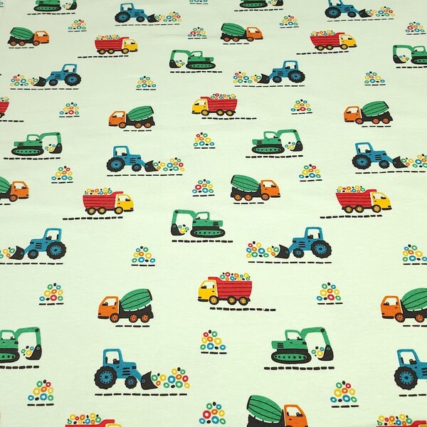 Cotton Knit Fabric Cute Construction Truck Fabric for Children's Apparel, European Quality Fabric 4 Way Stretch - Sold by the 1/2 yard