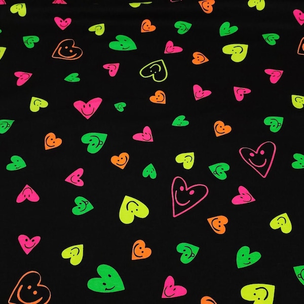 Heart Fabric Neon Smiley Face Cotton Spandex Jersey Knit Fabric from Europe.  4-way stretch Fabric, Sold by the 1/2 yard.