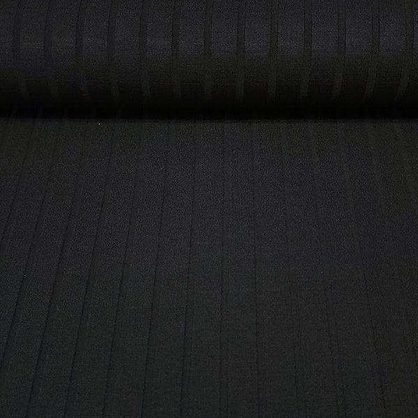 Viscose Spandex Euro Knit Fabric: Solid Black with Rib Texture, Great Quality Soft and Silky Fabric, 4-way stretch. Sold by the 1/2 yard.