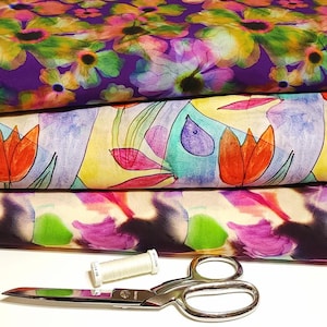 European Rayon Challis – Beautiful Artistic Floral Prints – Watercolor and Paintbrush Look. Light and Flowy Fabric. Sold by the 1/2 Yard