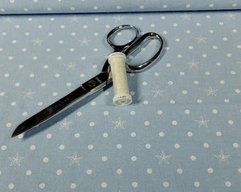 Blue Chambray Fabric with White Stars and Dots, Lightweight Cotton Apparel Fabric, Sold by the 1/2 Yard