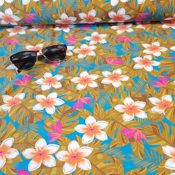 SWIM Fabric: Cute Tropical White Pink Blue Floral Print , Nylon Spandex, Swimwear Fabric. For Swimsuit and Activewear. Sold by the 1/2 yard