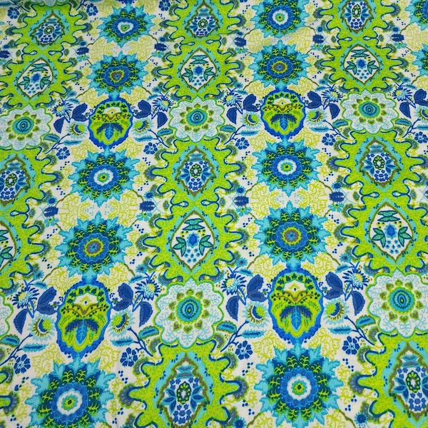 Rayon Challis Fabric, Fun Green and Blue Summer Boho Design . Light and Flowy Fabric. 100% Rayon Woven Fabric. Sold by the 1/2 yard