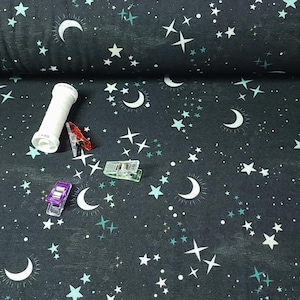 Celestial Moon & Stars Spun Poly Jersey Knit Fabric – Soft 4-Way Stretch, Night Sky Print, Sold by the 1/2 yard.