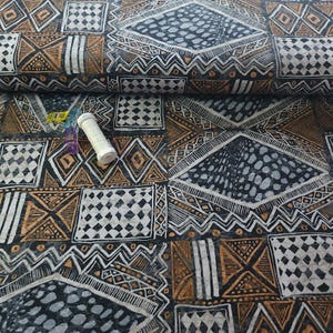 Tribal Geometric Stretch Poplin Fabric, Earthy Color Boho Print in Black, Rust & Cream, Lightweight Cotton Blend, Sold by the 1/2 Yard