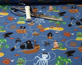 Pirate Adventure Organic Jersey Knit Fabric, Colorful Cotton Spandex, European Sourced, Quality Fabric, 4-way Stretch. Sold by the 1/2 yard