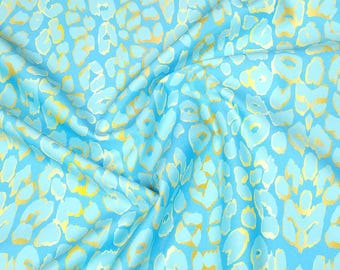 Tela de baño con estampado de leopardo abstracto: nailon y elastano azul y amarillo, elástica en 4 direcciones, por 1/2 yarda.