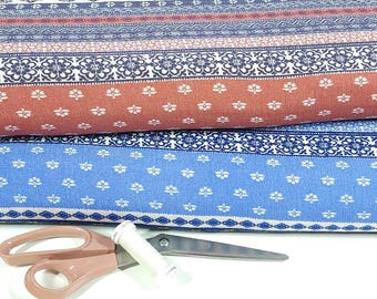 Rayon Crepe Fabric, Fun Summer Boho Design. Rust or Blue and Cream, Light and Flowy Fabric. 100% Rayon Woven Fabric. Sold by the 1/2 yard