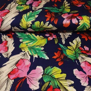 Colorful Floral Print on Rayon Spandex, Tropical Look Lightweight Fabric, that is Soft and Flowy, 4-Way Stretch, Sold by the 1/2 yard.