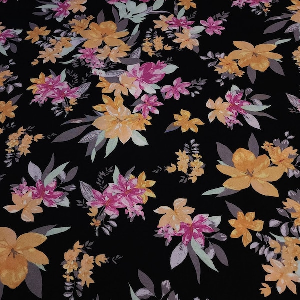 Rayon Challis Fabric, Black Challis with Yellow Tropical Floral Print. Light and Flowy Fabric. 100% Rayon Woven Fabric. Sold by the 1/2 yard
