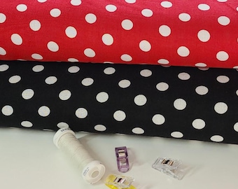 Rayon Challis Fabric, Classic Polka Dot Print, Red or Black . Light and Flowy Fabric. 100% Rayon Woven Fabric. Sold by the 1/2 yard
