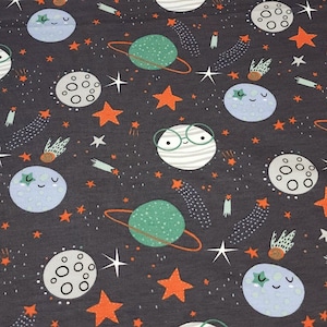 Knit Fabric For Kids European French Terry Knit: 4 Way Stretch Knit Fabric - Planets and Stars Solar Space Design - Sold by the 1/2 yard