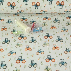 Fun Farm Tractor Knit Fabric, Colorful Cotton Spandex Jersey Fabric, European Sourced, Quality Fabric, 4-way Stretch. Sold by the 1/2 yard
