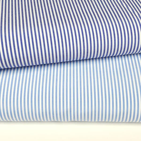 Coastal Blue Stripe Cotton Poplin Fabric, Yarn Dyed White and Blue Stripe, Lightweight Summer Apparel Fabric, Sold by the 1/2 Yard
