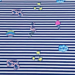 Swim Fabric Blue Stripe Nylon Spandex Fabric with Flamingo&#39;s Sunglasses Ice Cream - Great for Kids and Teen Swimwer. Sold by the 1/2 yard.