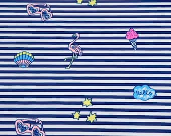 Swim Fabric Blue Stripe Nylon Spandex Fabric with Flamingo's Sunglasses Ice Cream - Great for Kids and Teen Swimwer. Sold by the 1/2 yard.