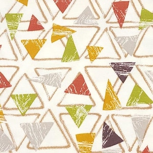 May include: A fabric pattern featuring a repeating geometric design of light brown outlined triangles on a white background. The triangles are filled with textured, hand-stamped style shapes in shades of mustard yellow, lime green, red, and gray.