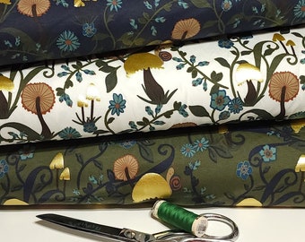 Mushroom Forest Cotton Spandex Knit, Blue and Foil Gold Floral - European Quality, Cute Apparel Fabric, 4 Way Stretch - Sold by the 1/2 Yard