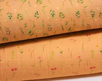 Peach Floral Double Gauze Fabric, Soft Cotton Muslin, Sold by 1/2 Yard