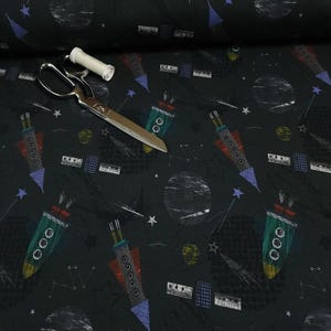 Spaceships French Terry Knit Fabric, Rockets in Space Fabric, Soft and Fun 4-Way Stretch Fabric Sourced from Europe - Sold by the 1/2 Yard