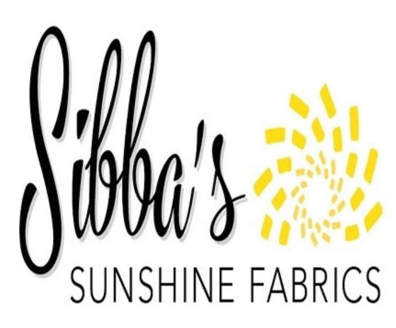 May include: The Sibba's Sunshine Fabrics logo features elegant black cursive script above the words "SUNSHINE FABRICS" in a simple sans-serif font. A yellow sunburst design is to the right of the text on a white background.