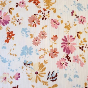 Floral Ribbed Knit Fabric, Beautiful Ivory with Pink and Blue Floral Print, Soft and Flowy Fabric, 8x3 Rib, Sold by the Half Yard