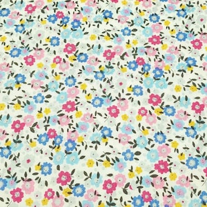 Sweet Ditsy Floral Rayon Challis – Colorful Tiny Flowers on Cream, Lightweight Woven Fabric, Sold by the 1/2 Yard